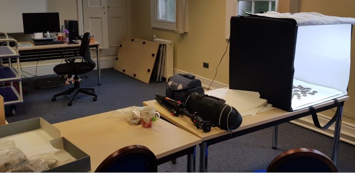 A picture of a room set up for cataloguing