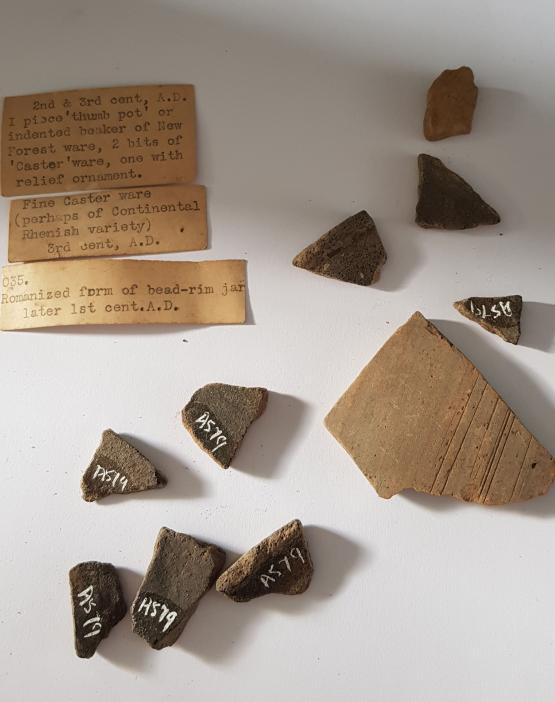 a variety of broken romano british pot sherds, along with faded paper labels written on a typewriter. They are arranged on a white background.