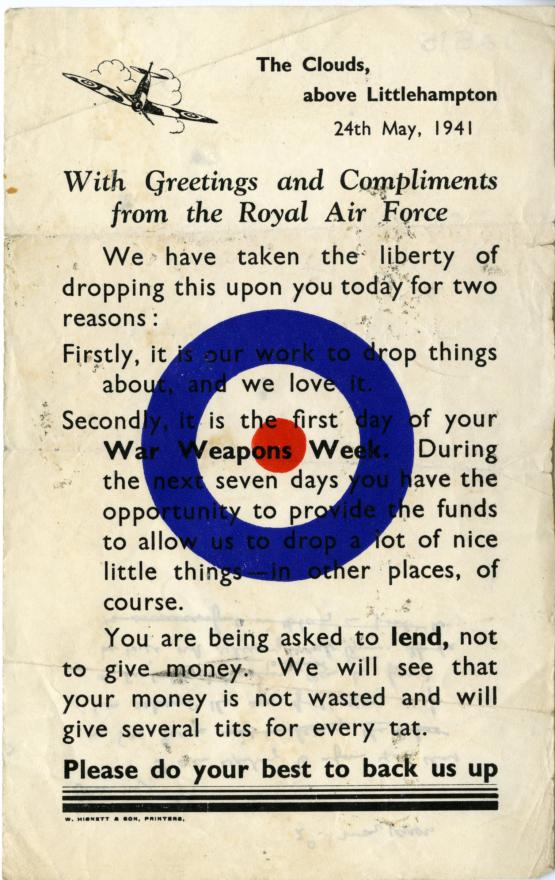 A leaflet with an image of a plane and the RAF symbol as well as text asking for donations for war weapons week 1941